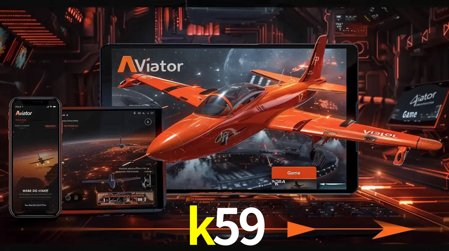 Apresentação tecnológica do jogo Aviator com um avião saindo da tela de um tablet, demonstrando a experiência imersiva em múltiplos dispositivos no k59.