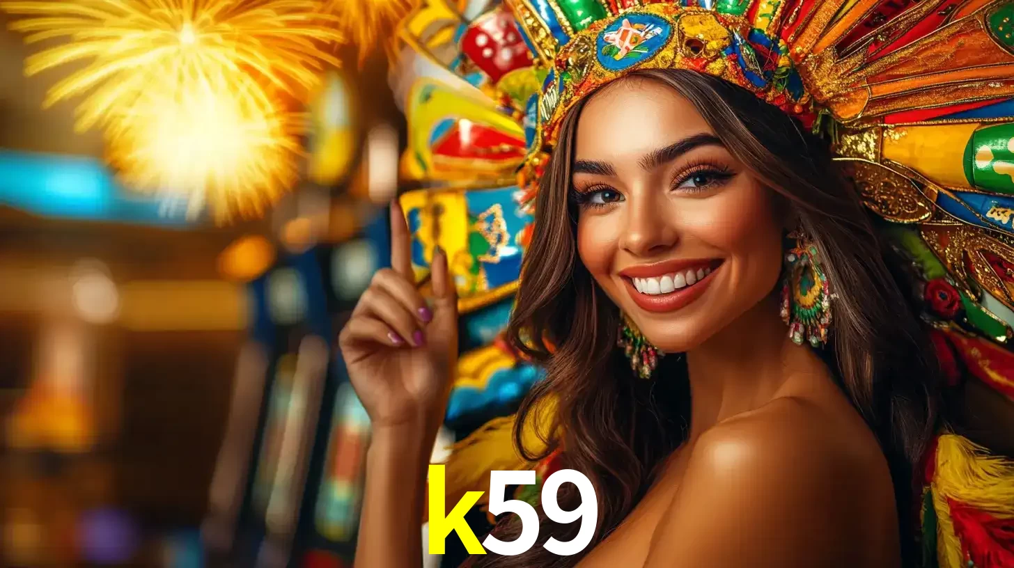 Mulher sorridente com um cocar de carnaval vibrante e colorido, celebrando uma grande vitória nos jogos do cassino k59 com fogos de artifício ao fundo.