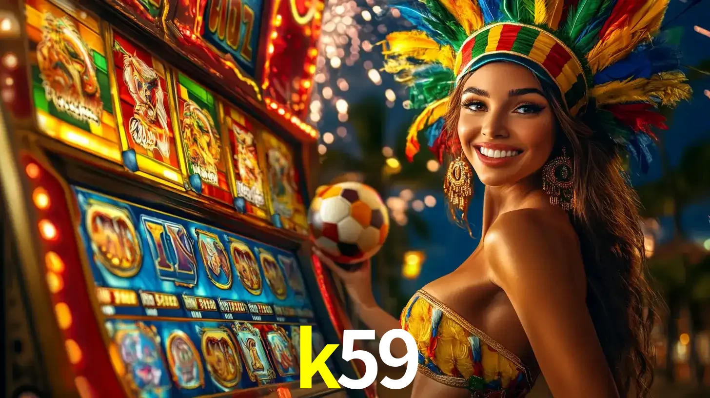Mulher com um cocar de carnaval ao lado de uma máquina de caça-níqueis enquanto segura uma bola de futebol, mostrando a união da diversão de cassino e esportes no k59.