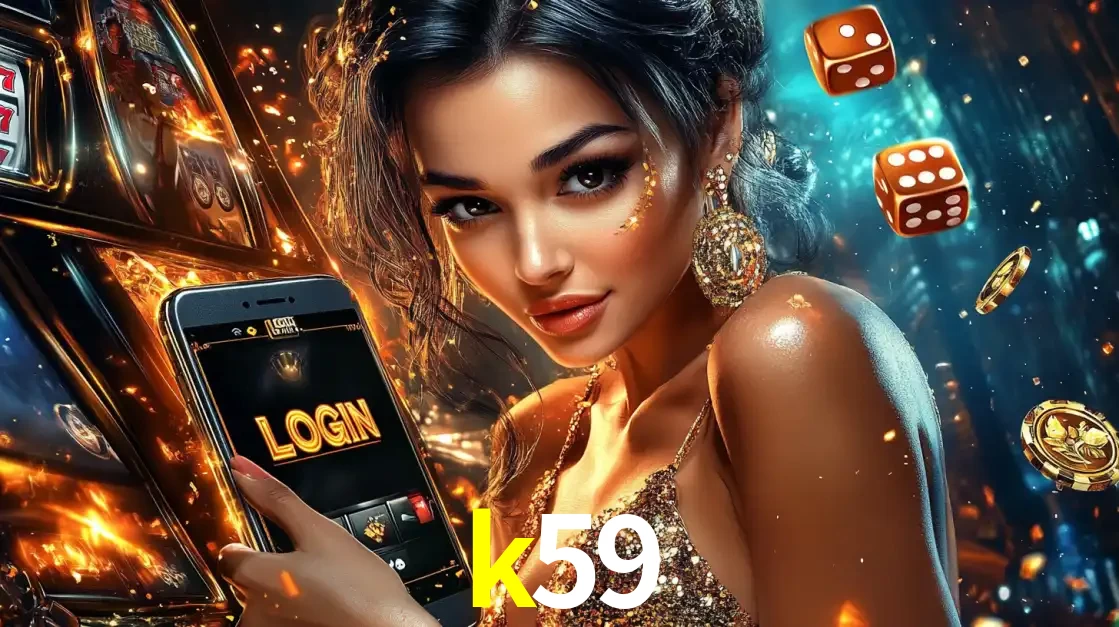 Mulher glamourosa segurando um celular com a tela de login do cassino k59, rodeada por dados e moedas douradas, pronta para começar a diversão.