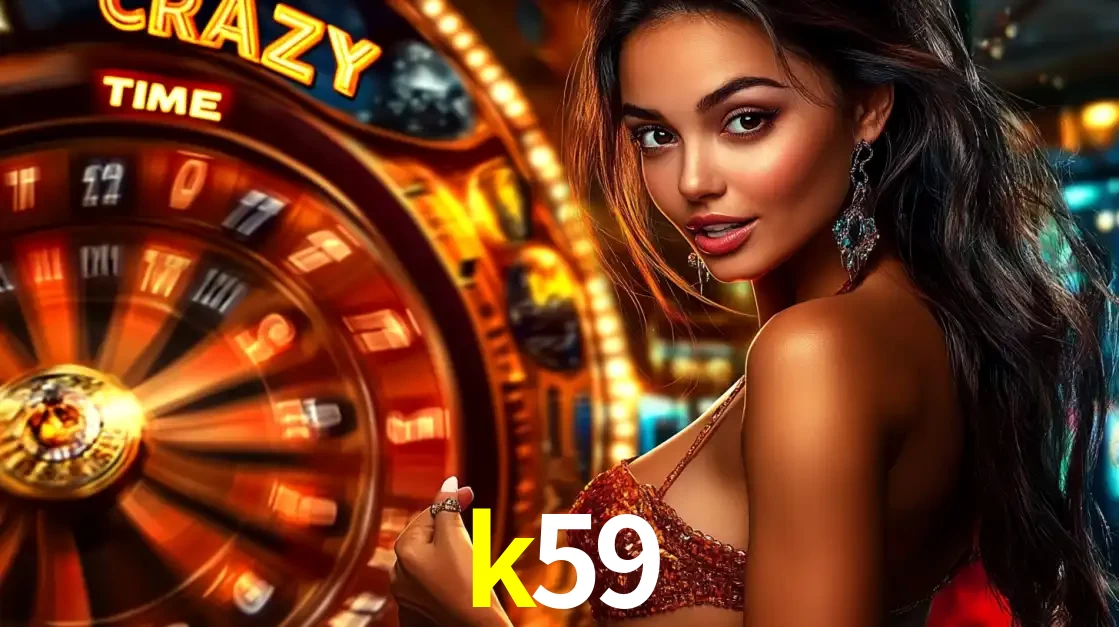Mulher ao lado da roda de prêmios do jogo de cassino ao vivo Crazy Time, um dos shows de jogos mais emocionantes oferecidos pela plataforma de apostas k59.