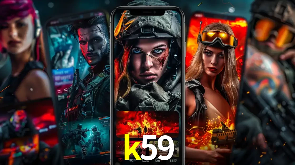 Montagem de telas de celular mostrando diversos personagens, masculinos e femininos, de um jogo de tiro, ilustrando a diversidade de equipes de e-sports para apostar no k59.