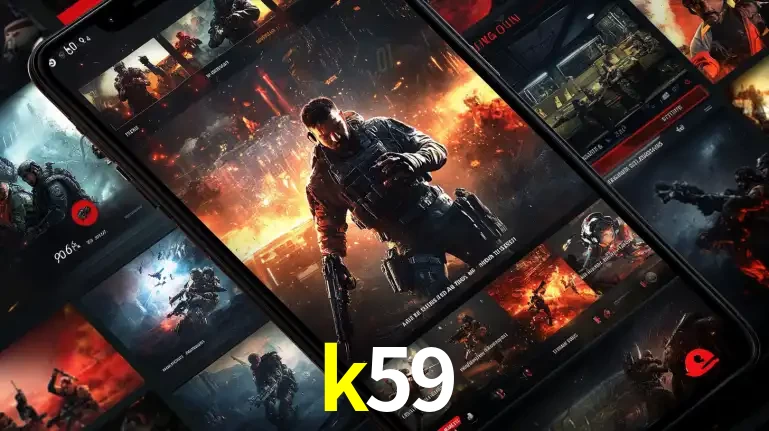 Tela de um celular exibindo uma galeria de jogos de tiro com temática militar, mostrando a variedade de e-sports disponíveis para apostas na plataforma de entretenimento k59.