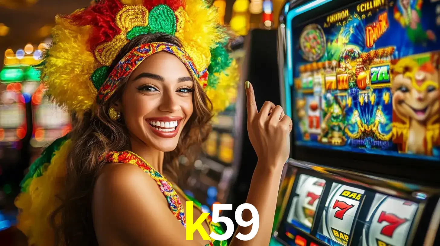 Mulher animada com um cocar de carnaval apontando para uma máquina de caça-níqueis, mostrando a emoção de ganhar um grande prêmio nos jogos do k59.