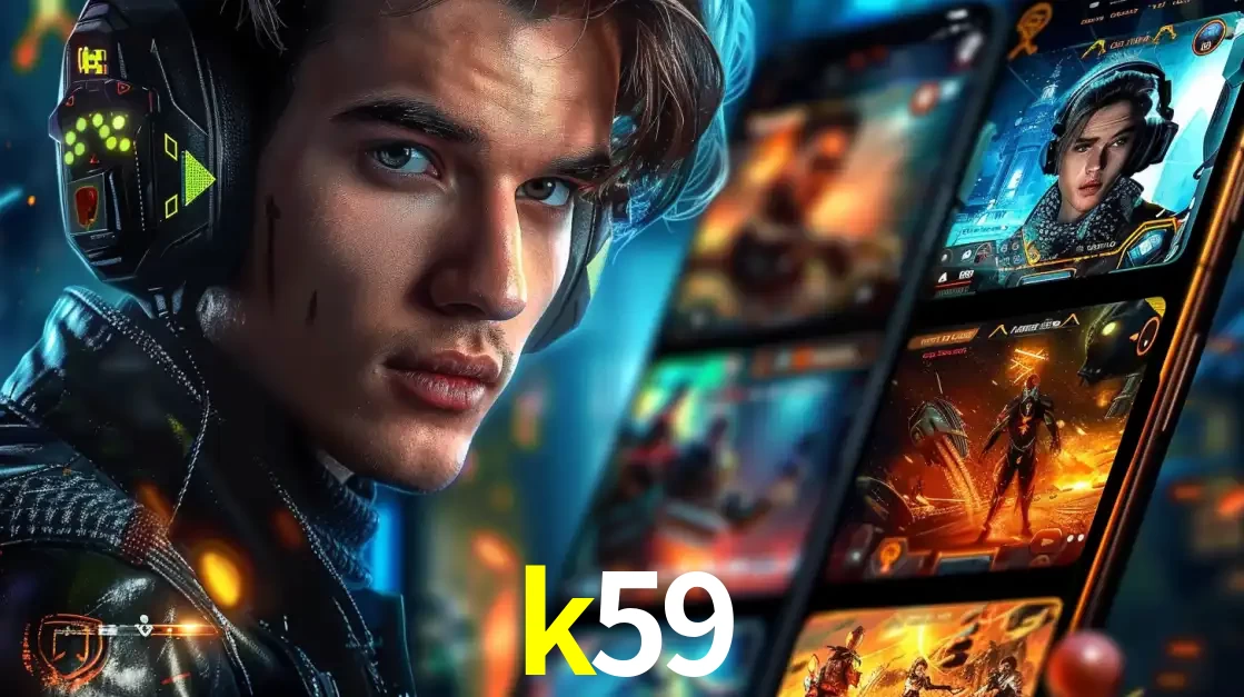 Jovem jogador com fones de ouvido olhando para a câmera, com um aplicativo de jogos e e-sports para celular ao fundo, pronto para a competição e apostas no k59.