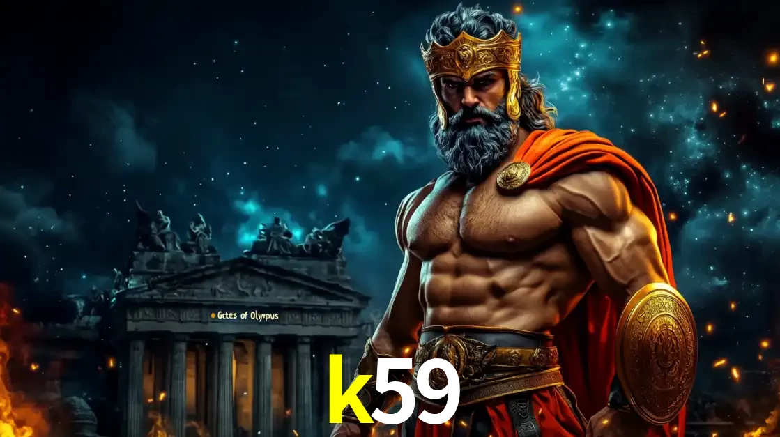 O poderoso Zeus do jogo de slot Gates of Olympus em frente ao seu templo, pronto para lançar multiplicadores divinos e prêmios épicos no cassino online k59.
