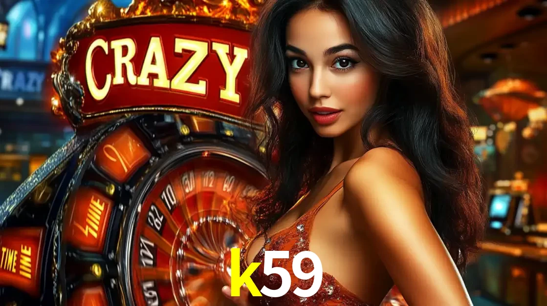 Mulher glamourosa olhando para a câmera com a roda vermelha do Crazy Time ao fundo em um ambiente de cassino, destacando a emoção dos jogos ao vivo no k59.