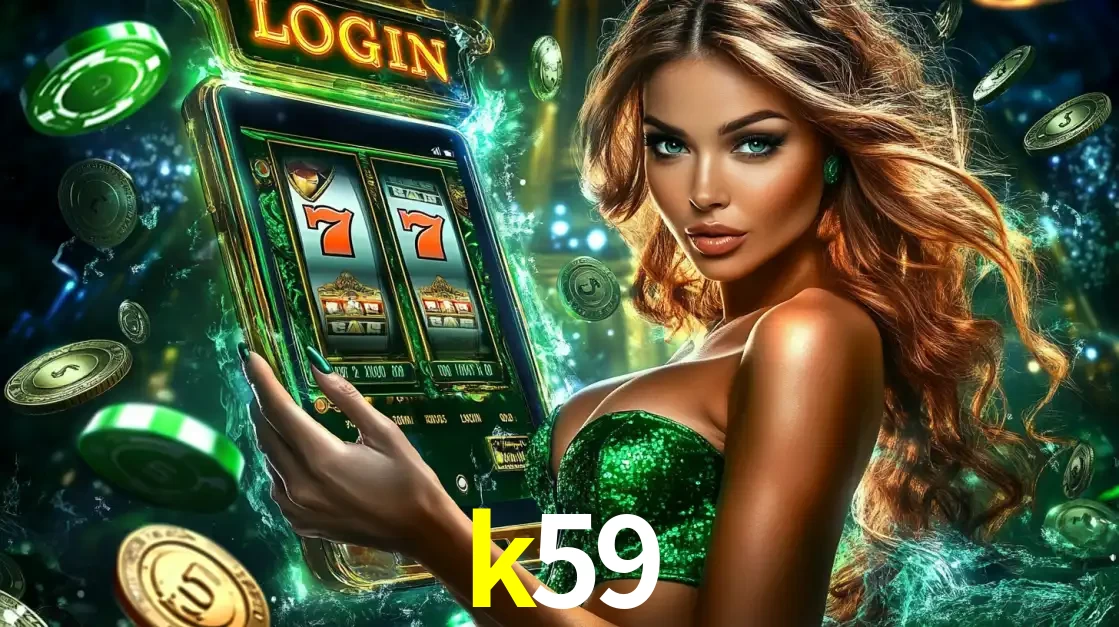 Mulher com tema verde apresentando o aplicativo do cassino k59 com um jogo de slot de 777, cercada por fichas de cassino e uma aura de sorte.