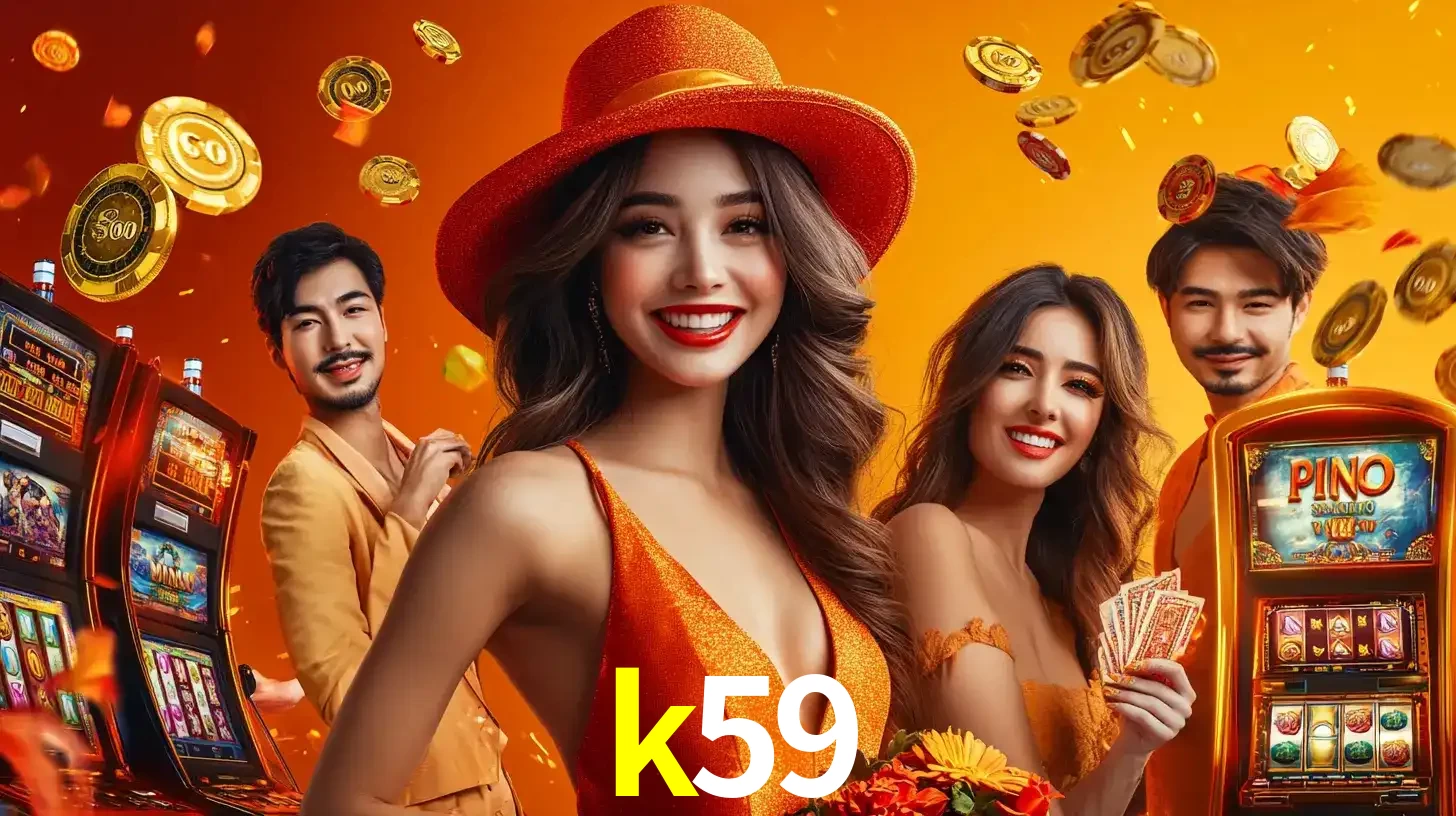 Grupo de amigos asiáticos sorrindo e se divertindo com máquinas de caça-níqueis em um ambiente festivo, celebrando suas vitórias nos jogos de cassino do k59.