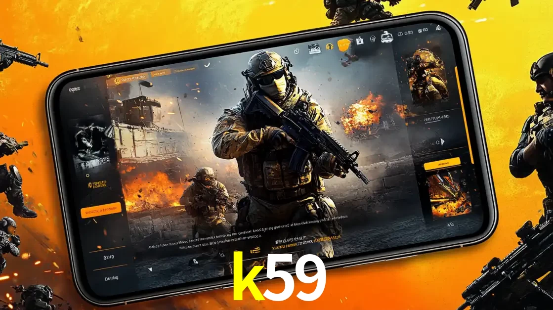 Um smartphone exibindo a interface de um jogo de tiro em primeira pessoa, com um soldado em um cenário de batalha, representando a ação dos e-sports para apostar no k59.