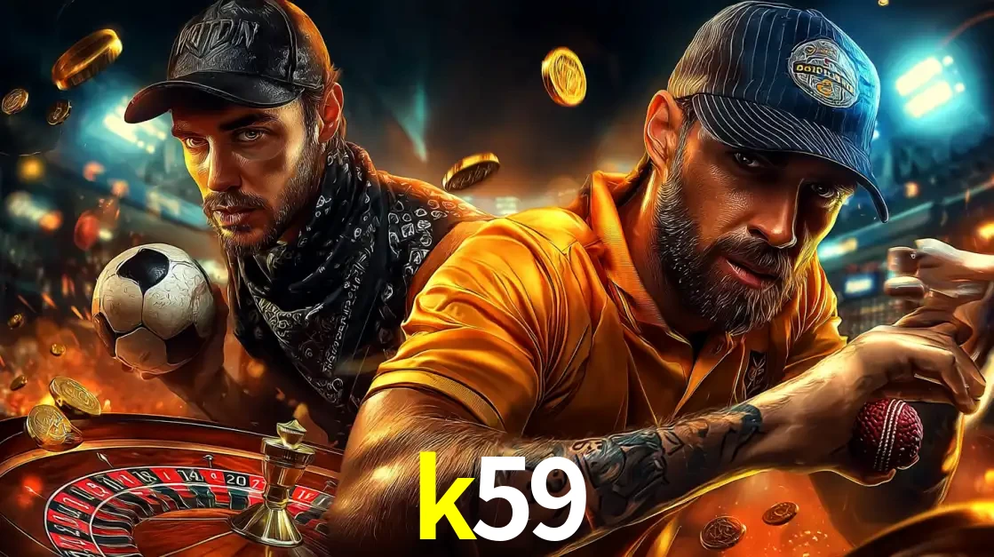 Montagem de apostas esportivas e cassino no k59, com um homem segurando uma bola de futebol e outro uma de beisebol sobre uma roleta e moedas voadoras.