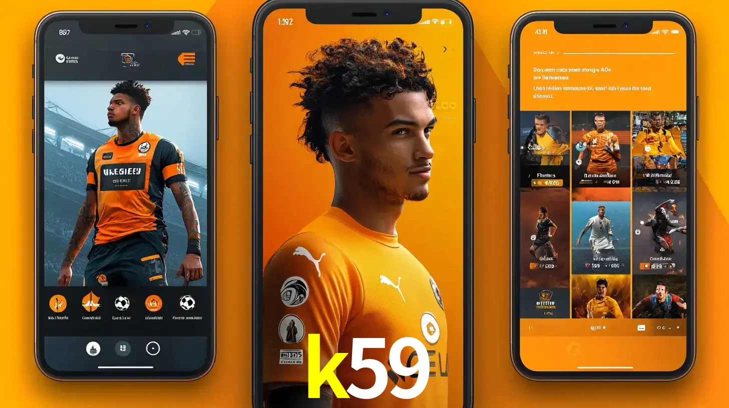 Interface do aplicativo de apostas esportivas k59 em três telas de celular, mostrando o perfil de um jogador de futebol e a lista de jogos disponíveis para apostar.