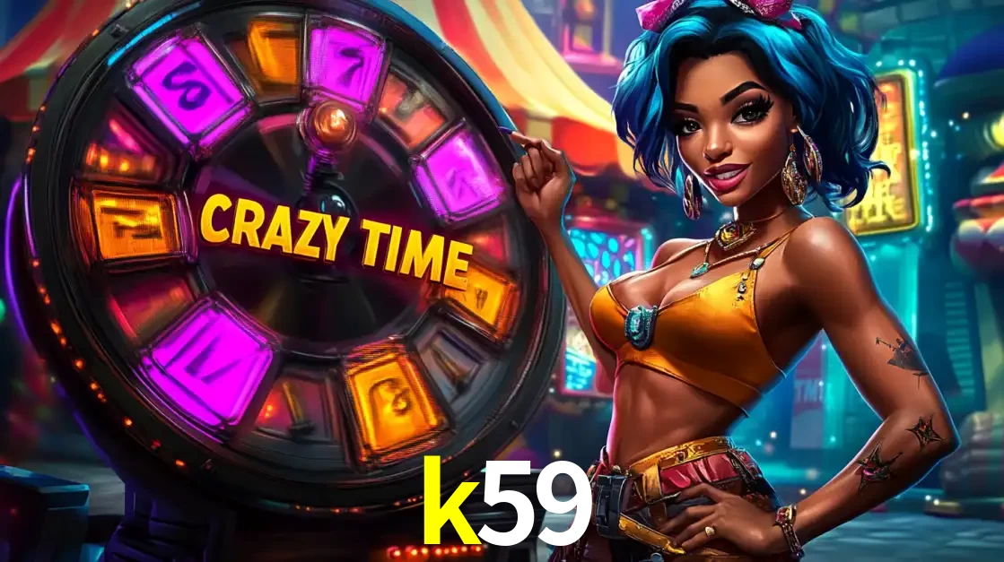 Mulher estilizada com cabelo azul e visual vibrante posando ao lado da roda de prêmios do game show Crazy Time, convidando para a diversão e os bônus do cassino k59.