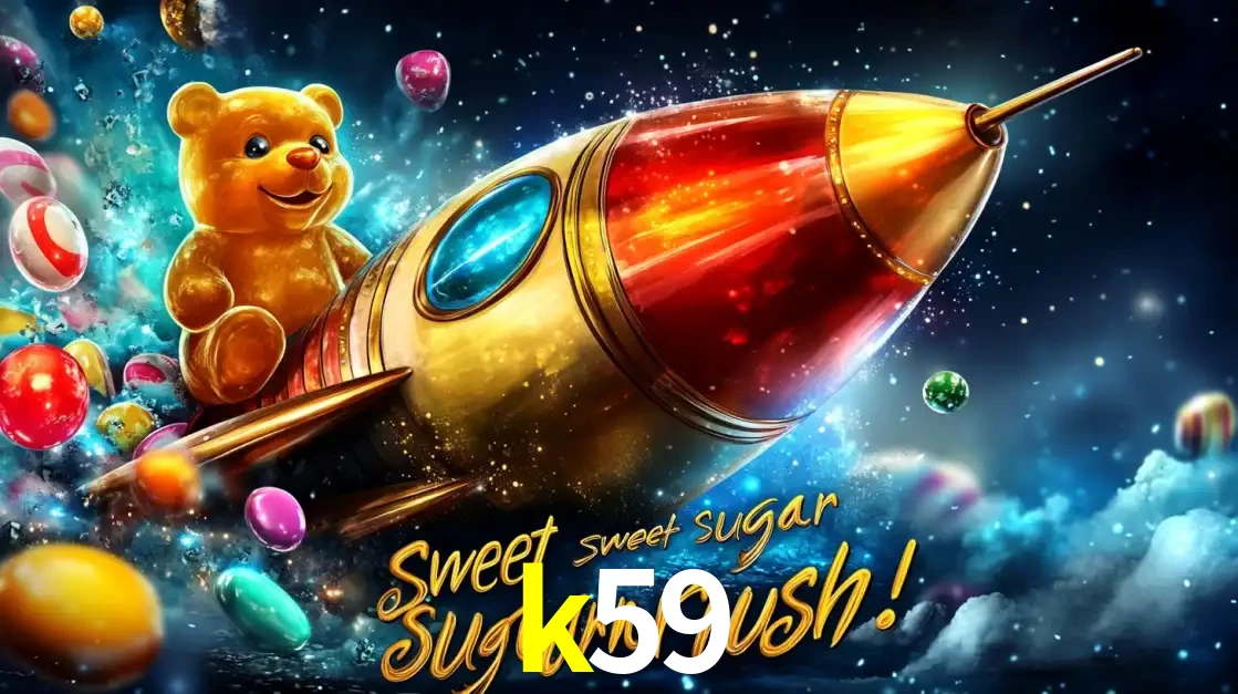Arte promocional do jogo de slot Sugar Rush, com um urso de pelúcia em um foguete viajando pelo espaço de doces, um dos jogos divertidos disponíveis no cassino k59.