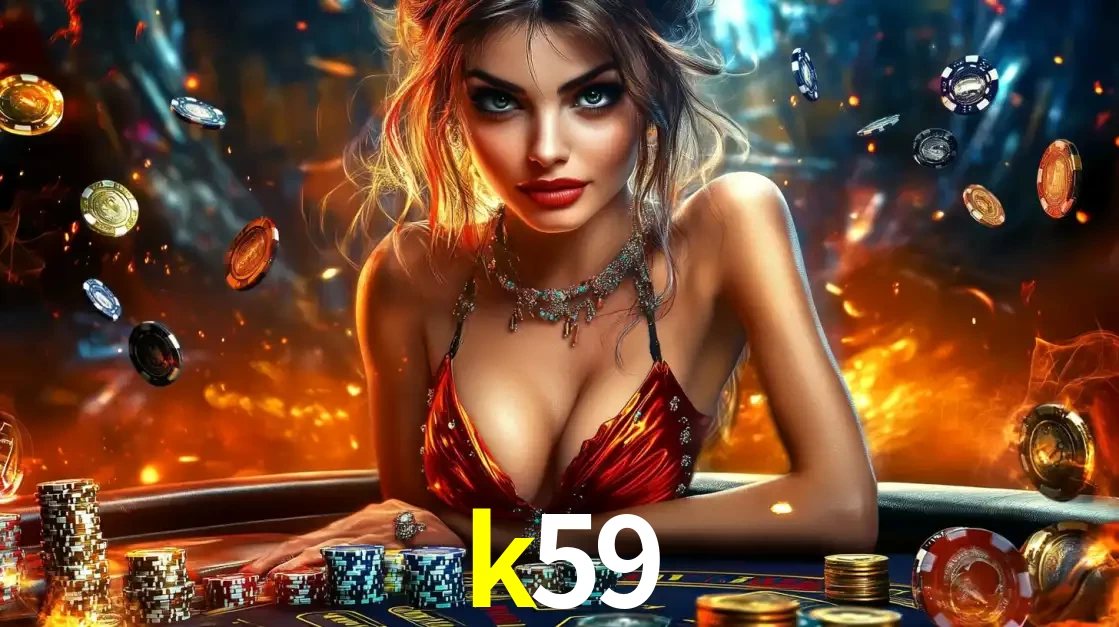 Mulher em uma mesa de cassino com pilhas de fichas e um fundo de fogo, pronta para uma rodada de altas apostas nos jogos de mesa emocionantes do cassino k59.