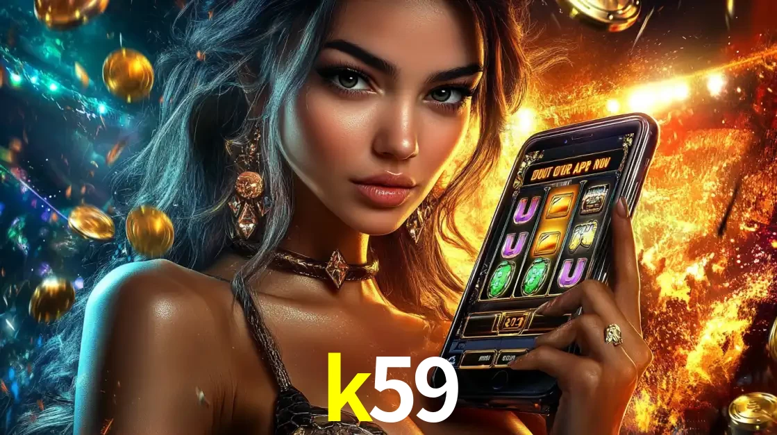Mulher elegante mostrando um jogo de caça-níqueis em seu smartphone, destacando a experiência de cassino móvel oferecida pelo aplicativo k59.