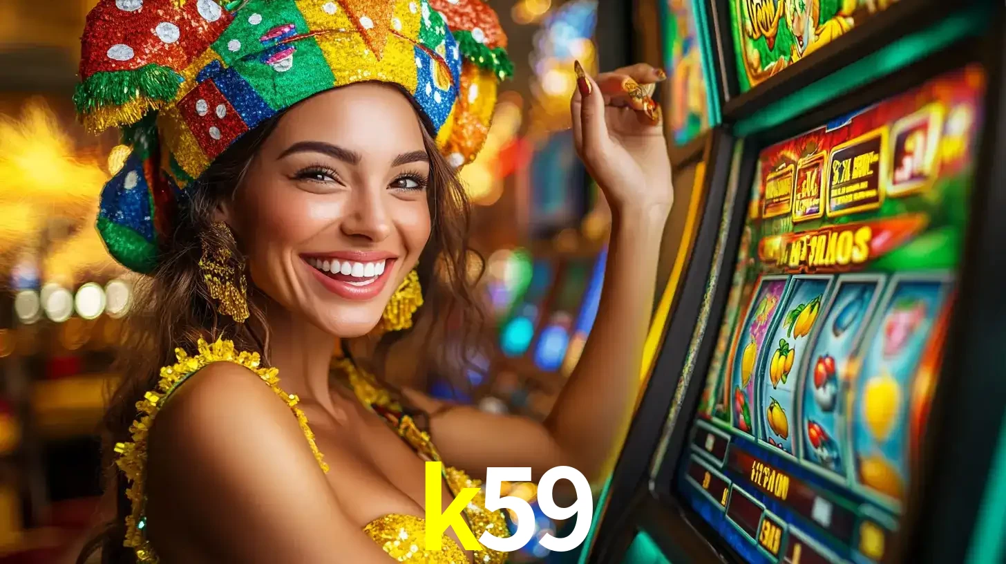 Mulher feliz com traje de carnaval amarelo e colorido ao lado de uma máquina de caça-níqueis, aproveitando a diversão e os jogos temáticos do cassino k59.