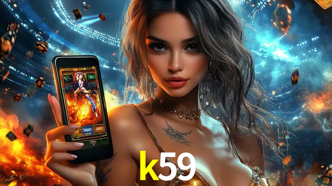 Mulher segurando um celular com um jogo de slot em destaque, tendo como fundo um estádio vibrante, simbolizando a emoção de jogar no cassino móvel k59.