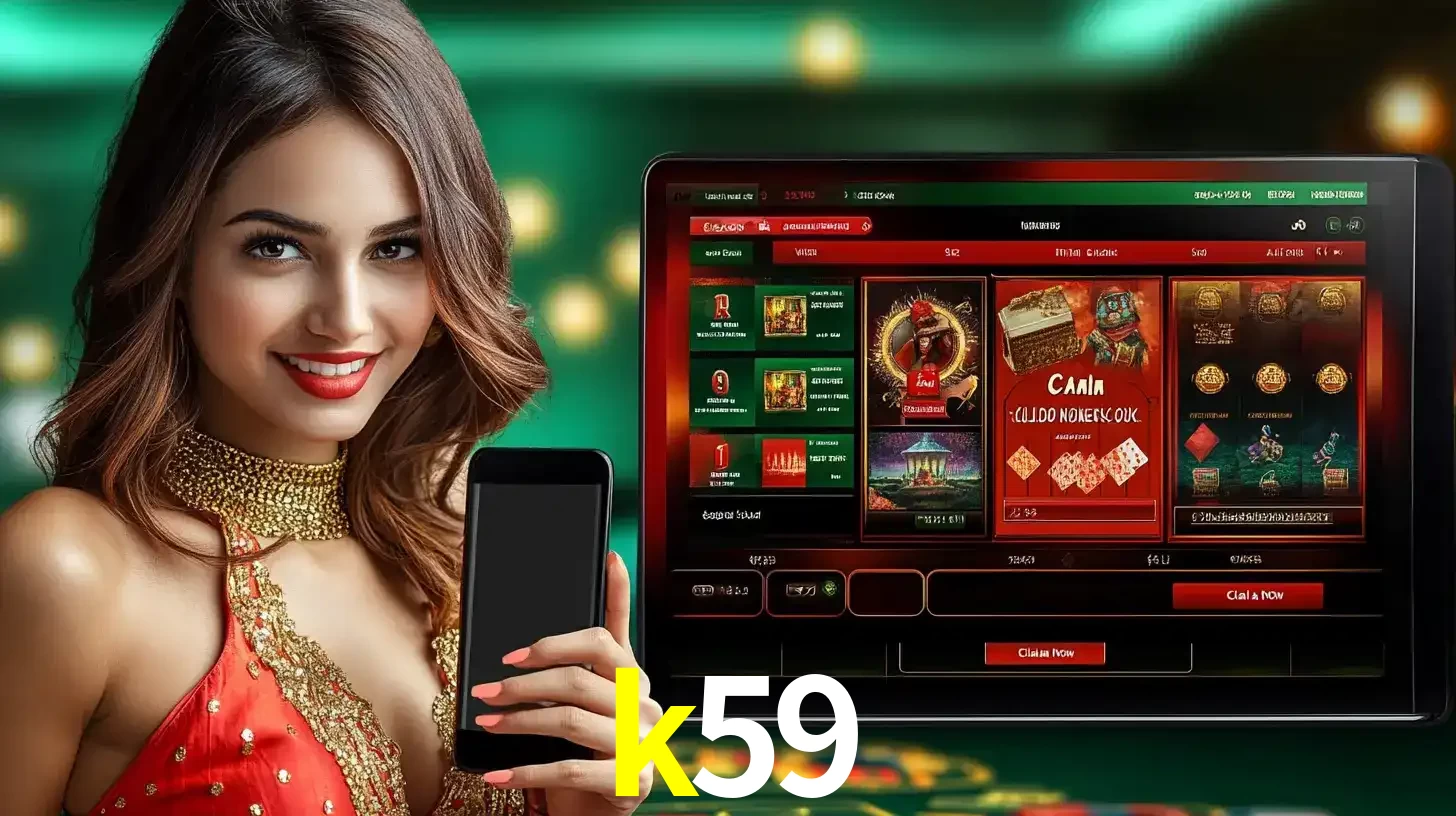 Mulher sorridente segurando um smartphone, ao lado de uma tela exibindo o lobby de jogos do cassino online k59, com várias opções de jogos de cartas e slots.